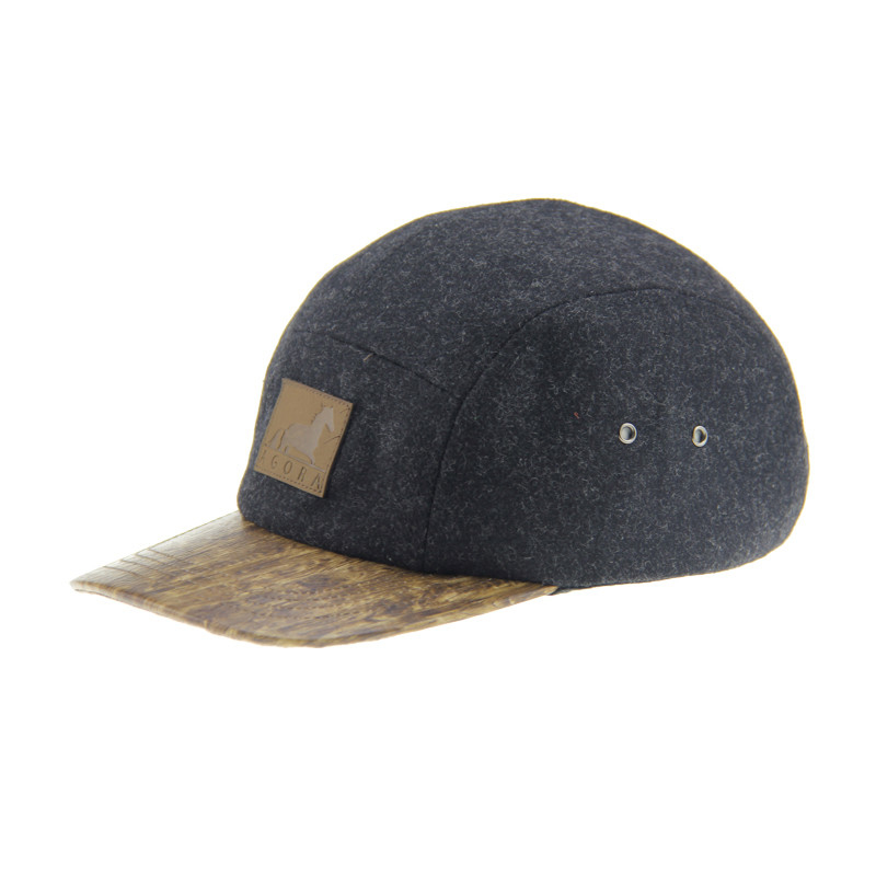 Бамбуковая PU шерсть для кемпинга бейсбольная шапка 5 панель Шляпка Snapback с кожаным логотипом